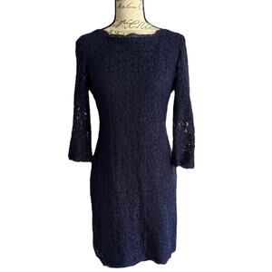 Adrianna Papell Blue Semi Formal 3/4 Sleeve Lace Sheath Dress Size 10P
